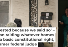 Teyana Gibson Brown, wife of Liberian immigrant Garrison Gibson, reacts after a federal immigration officer arrested her husband in a warrantless raid in Minneapolis, Jan. 11, 2026, in what a judge later ruled was a violation of Gibson’s Fourth Amendment rights. AP Photo/John Locher